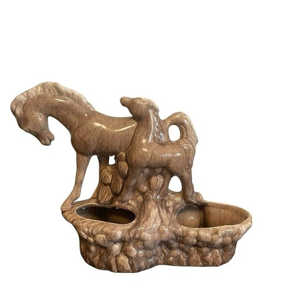 Phil-Mar Mare Vintage Ceramic Horse and Foal Planter Speckled Brown Mid Century